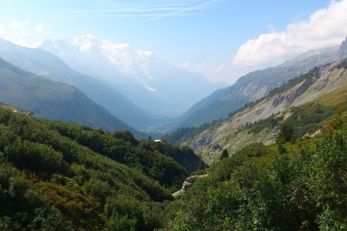 View from Le Tour down the Chamonix valley towards Mont Blanc
