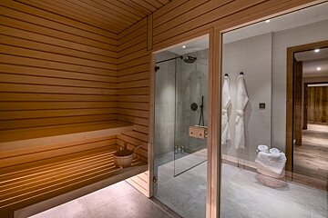 A wooden sauna with a glass door leading to a walk in shower