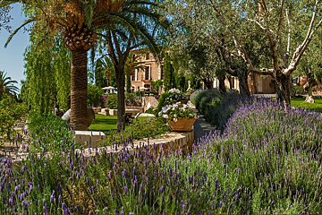a picture of  lots of flowers in a large hotel garden