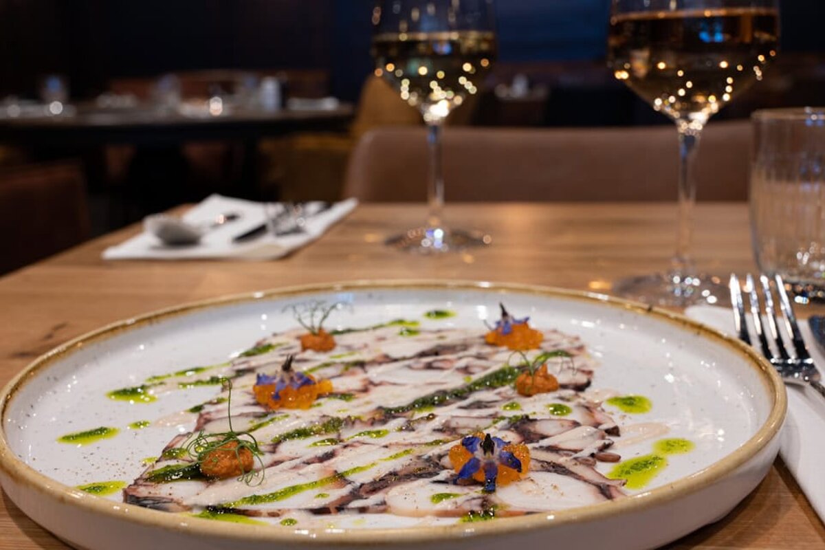 A plate of food with a glass of wine in the background