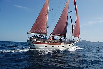 White schooner with red sails and passengers sailing on blue water, leaving a wake, under a clear sky with distant land.