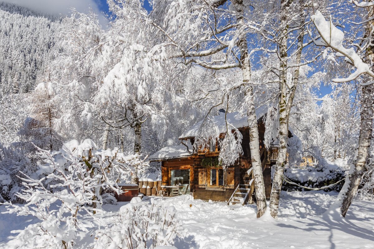 A snowy cabin in the middle of a snowy forest