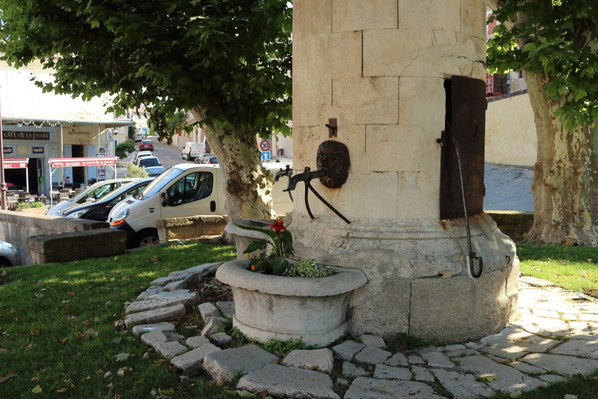 a fountain surrounded by trees
