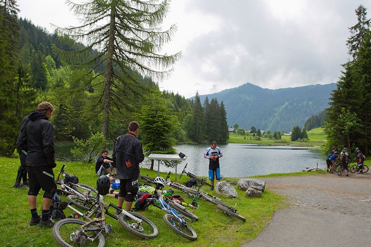 some mountain bikers near a lake