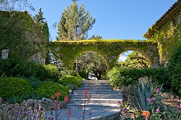 A stone archway is surrounded by plants and flowers