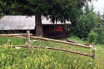 a woman standing on the terrace at a chalet