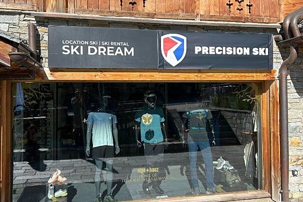 A ski rental shop facade with 