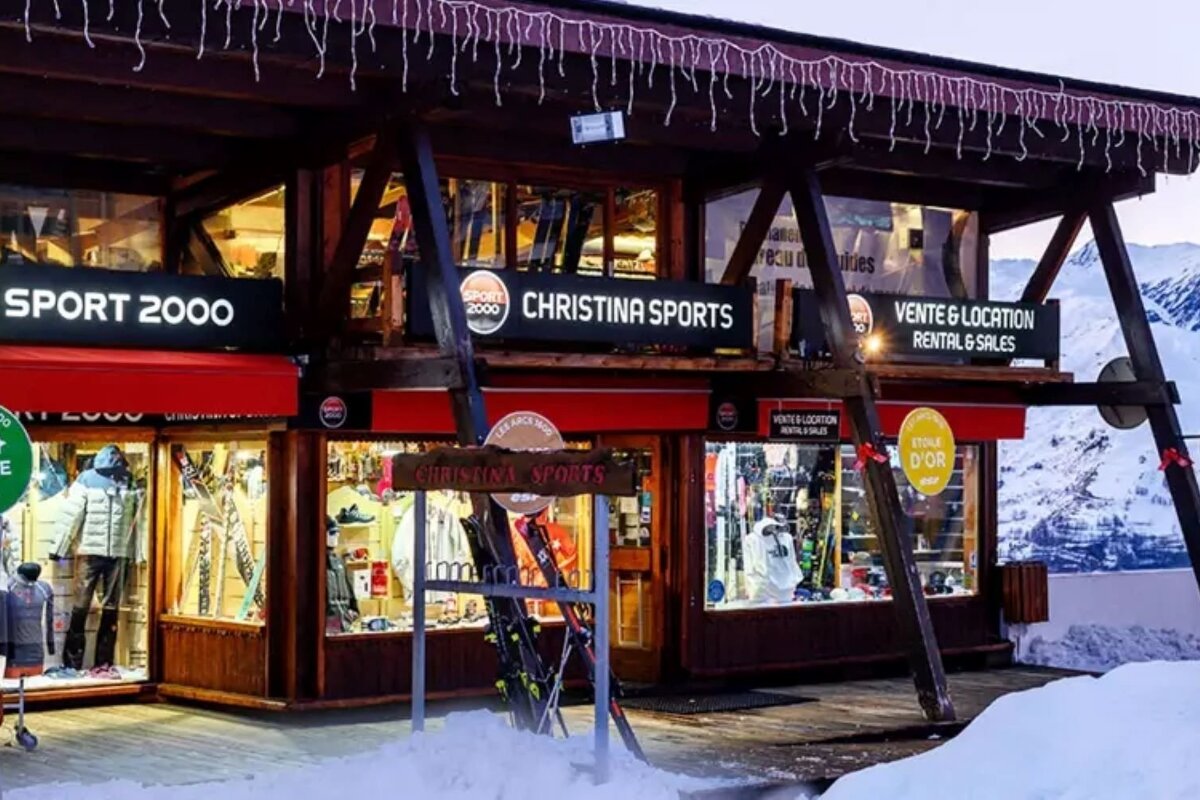 A brightly lit ski rental and sales shop, 