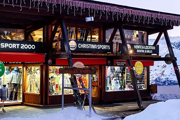 A brightly lit ski rental and sales shop, 