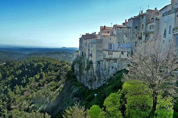 A row of buildings on a cliff overlooking a forest