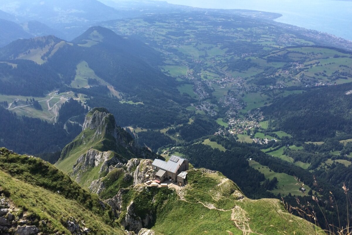 looking down onto a mountain refuge