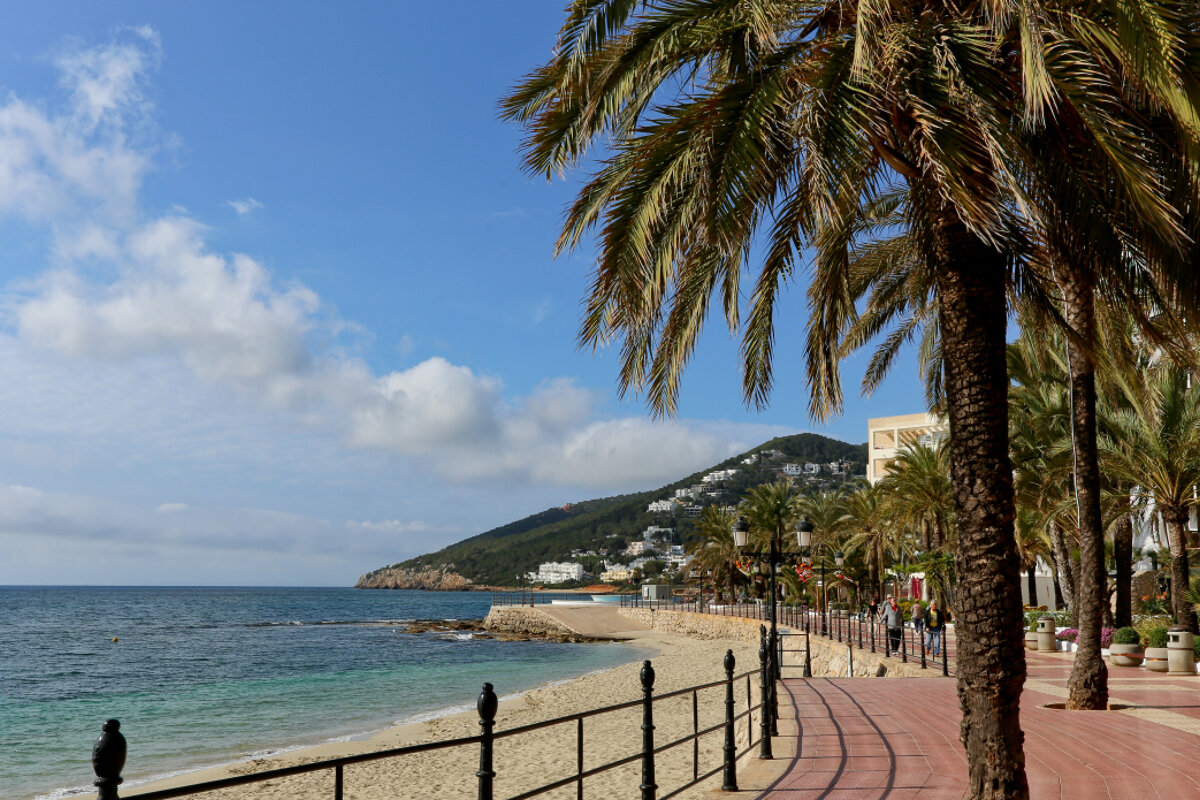 a view along the prom and beach at santa eulalia