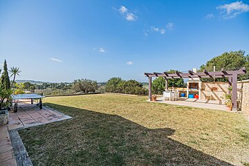 A lawn with a ping pong table and a pergola