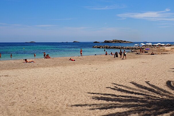 Sandy beach is longer than it looks at Figueretes Ibiza