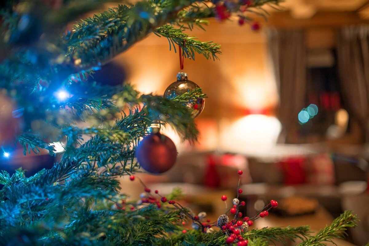 A christmas tree with a red ornament hanging from it