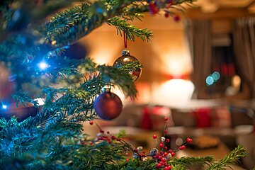 A christmas tree with a red ornament hanging from it