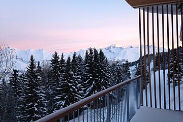 A balcony overlooking a snowy forest with mountains in the background