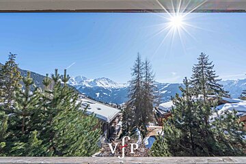 A view of snowy mountains from a balcony that says vip