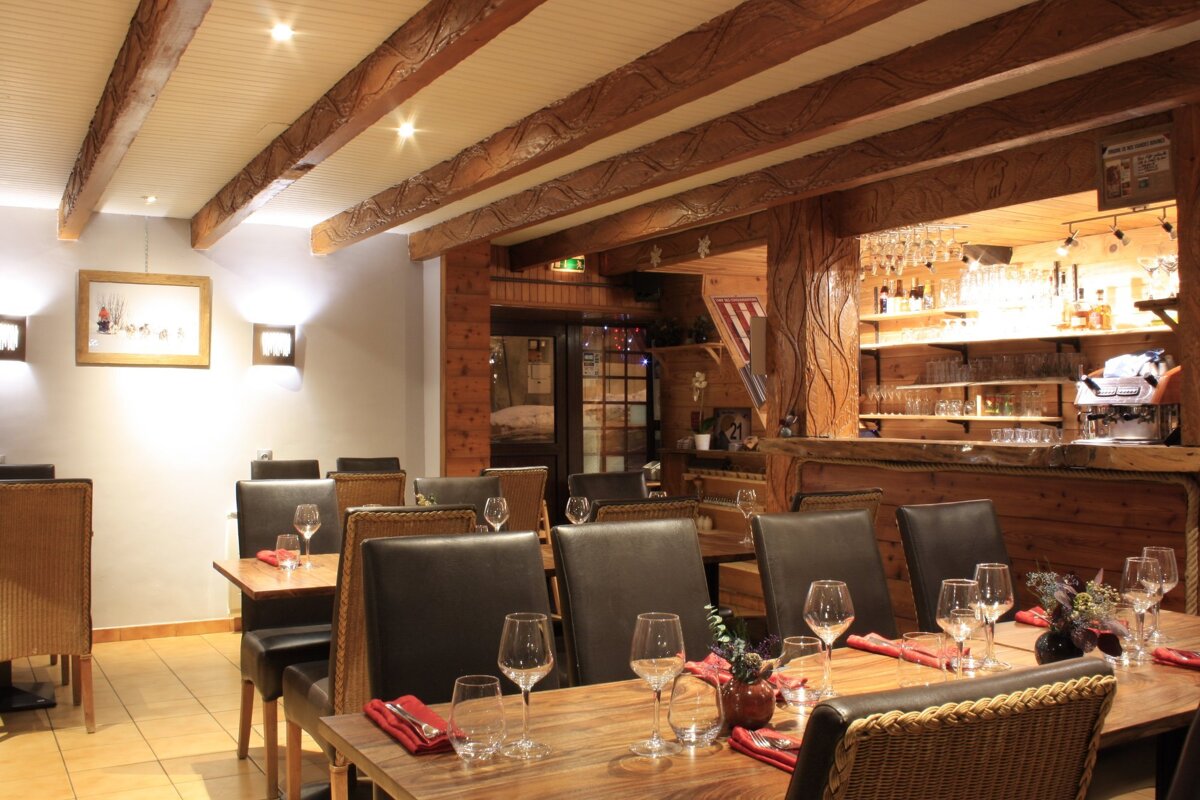 A restaurant with tables and chairs and a bar