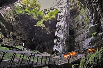 looking up the stairs of the Gouffre de Padirac cave entrance