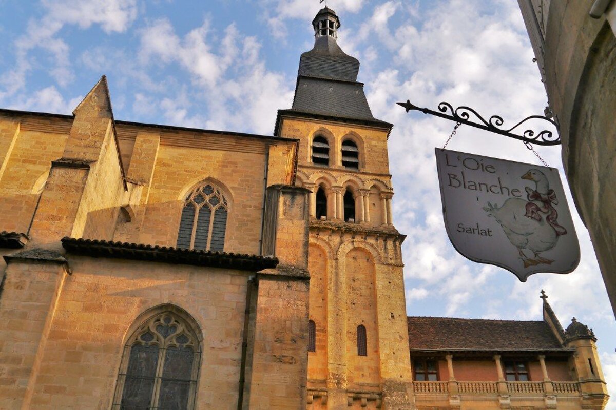 looking up at the cathedral in sarlat la caneda