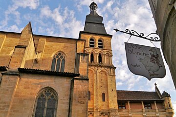 looking up at the cathedral in sarlat la caneda