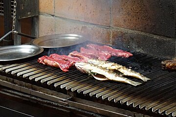 grilled meat and fish on a griddle