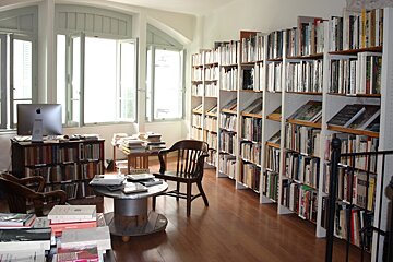 a library above a restaurant