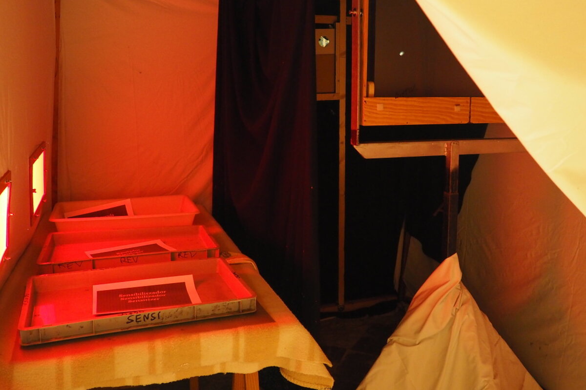 a dark room set up in an exhibition