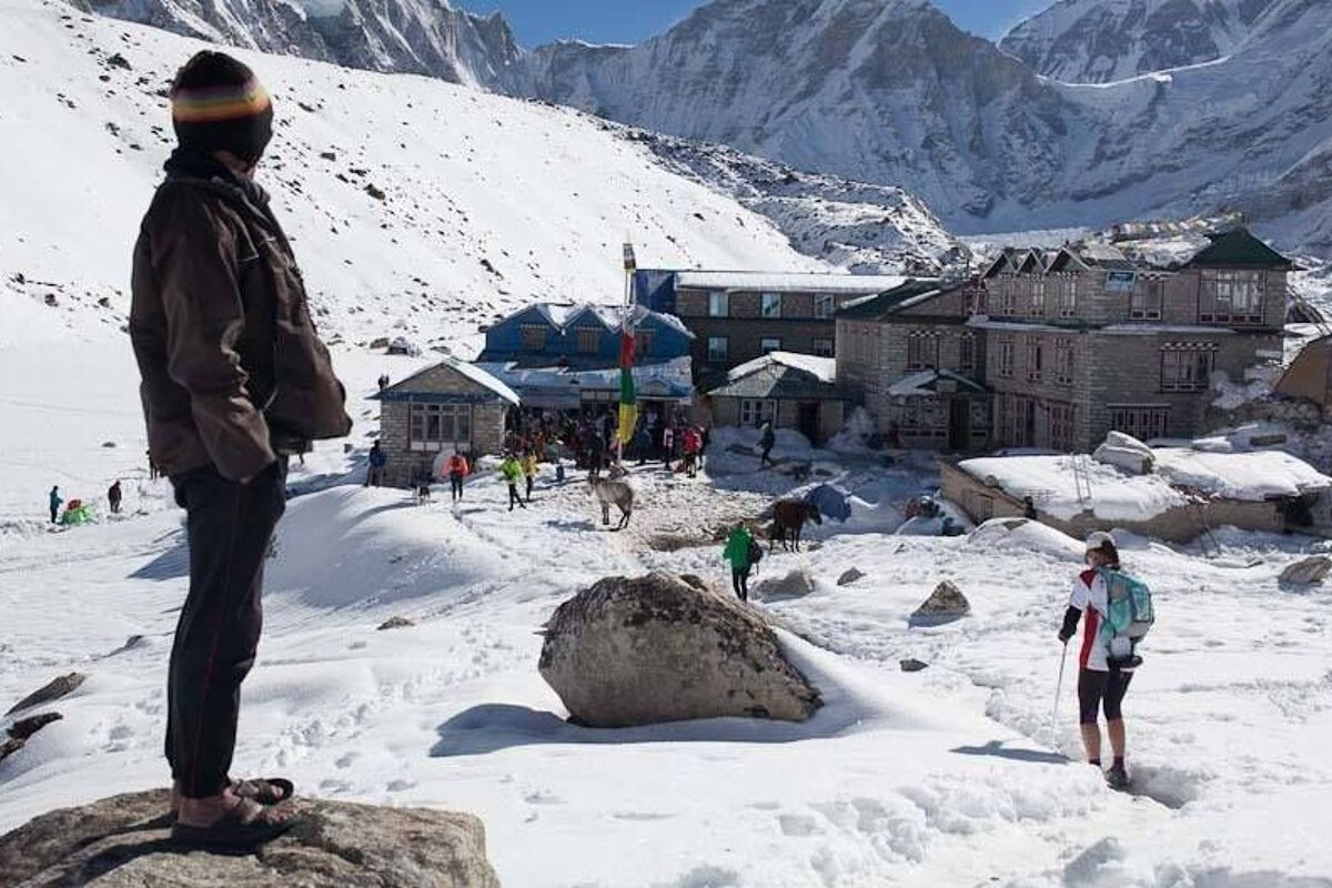 trail running in the snow in nepal