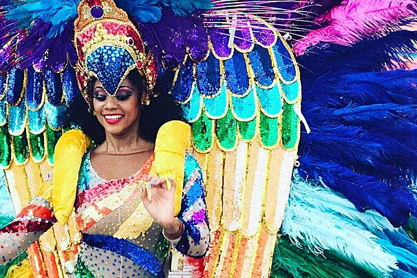 dancer in bright costume at Nice Carnival 2017
