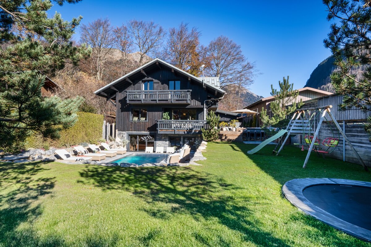 A large house with a swimming pool in the backyard