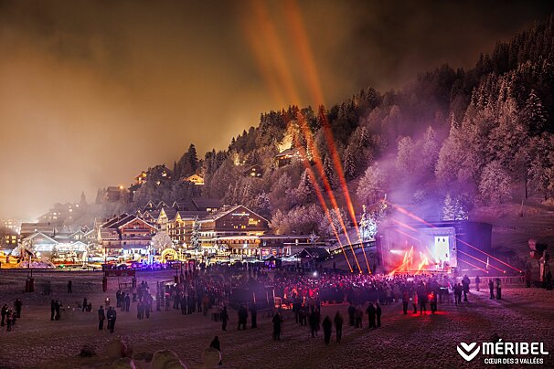 New Years Eve party outdoor dance floor and big stage in Meribel