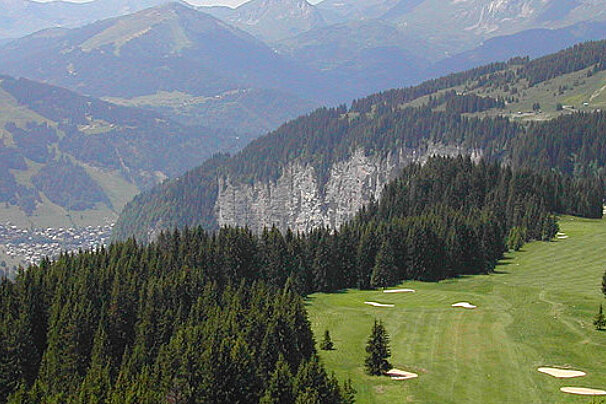 A golf course is surrounded by trees and mountains