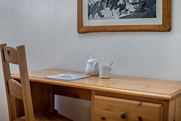 A wooden desk with a picture on the wall above it