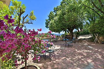 A patio with tables and chairs surrounded by purple flowers