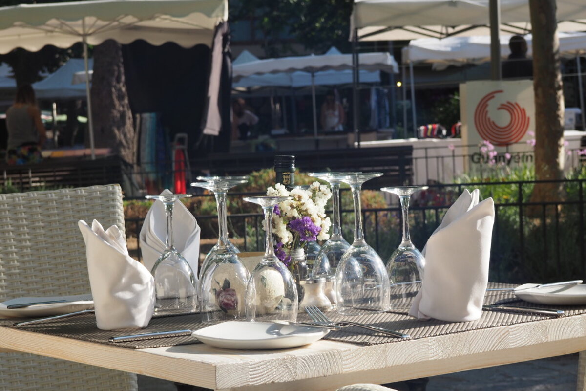 a table with upturned glasses