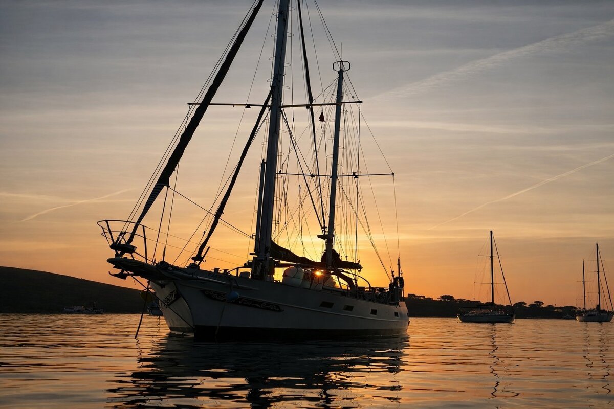A sailboat is silhouetted against a warm, vibrant sunset over calm water, with golden reflections and distant boats.