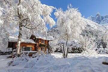 A cabin in the snow with a mountain in the background