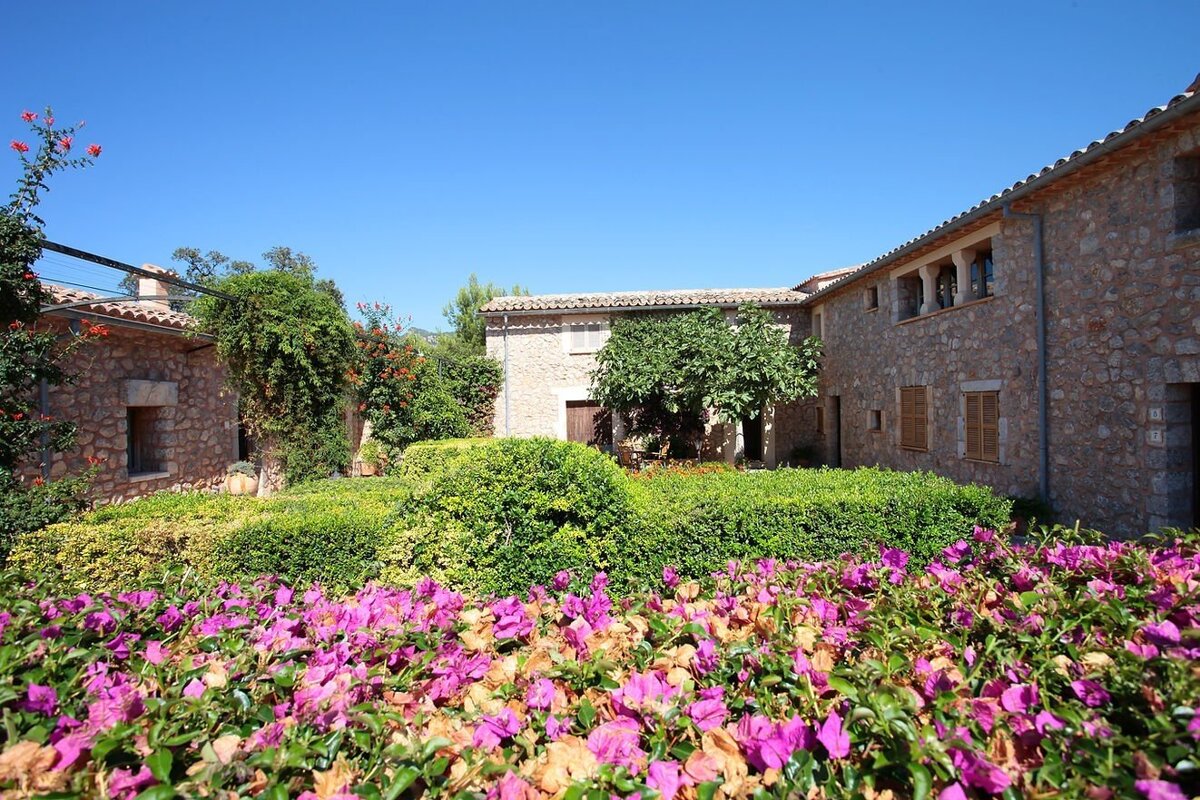 Lush garden with vibrant pink bougainvillea flowers in front of traditional stone buildings under a clear blue sky.