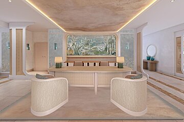 A room with a table and chairs and a painting on the wall