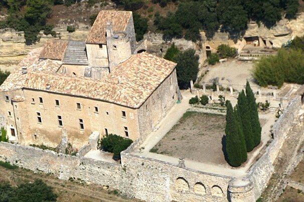 An aerial shot of the restored abbey near menerbes provence