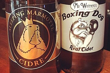two bottles of cider on a bar