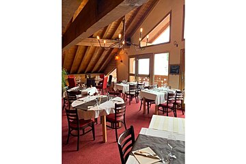 A restaurant with tables and chairs and a sign that says restaurant