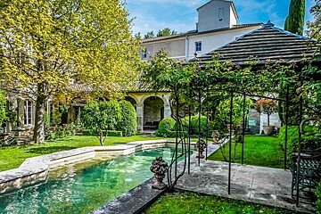 a garden and pool