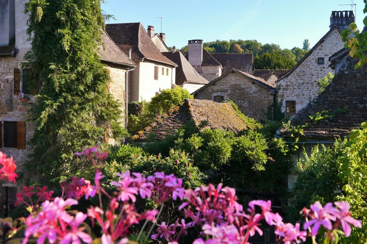 a view over pink flowers to the rooftops of Carennac