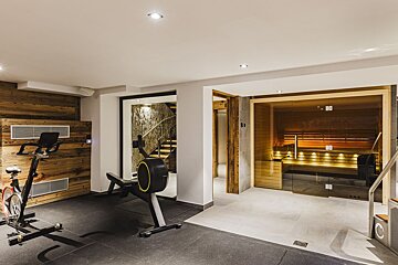 A gym with an exercise bike and a sauna
