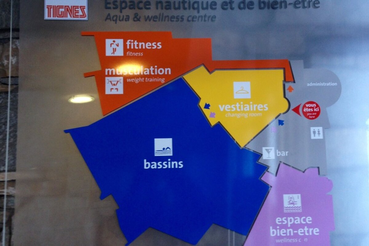 a sign showing the layout of a sports centre