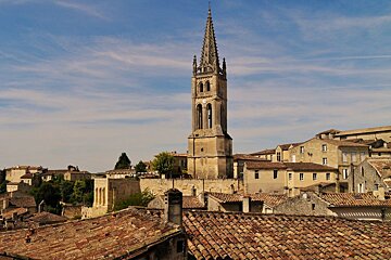 looking over roofs to church in saint emilion