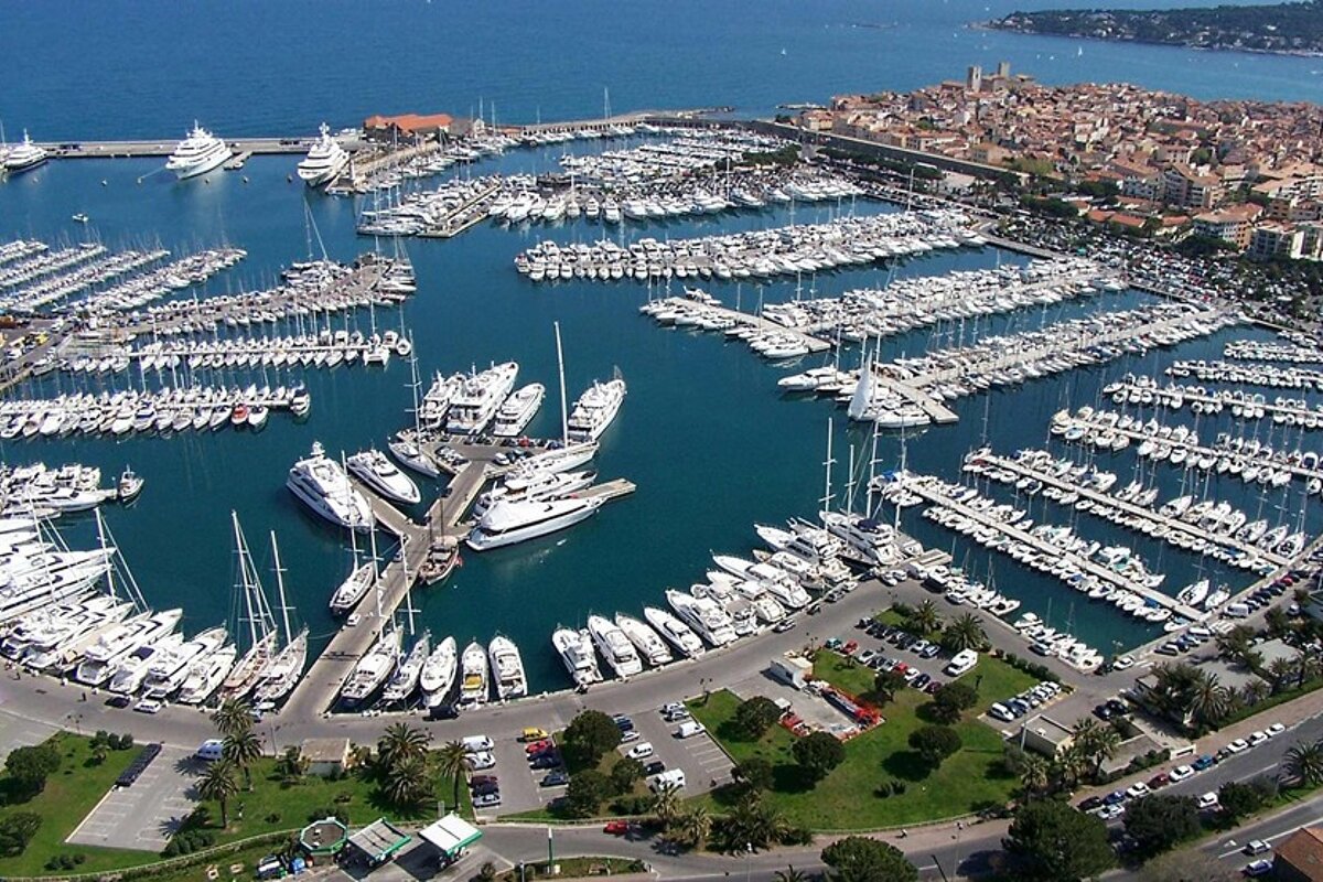 an aerial view of boats & yachts in Port Vauban Antibes